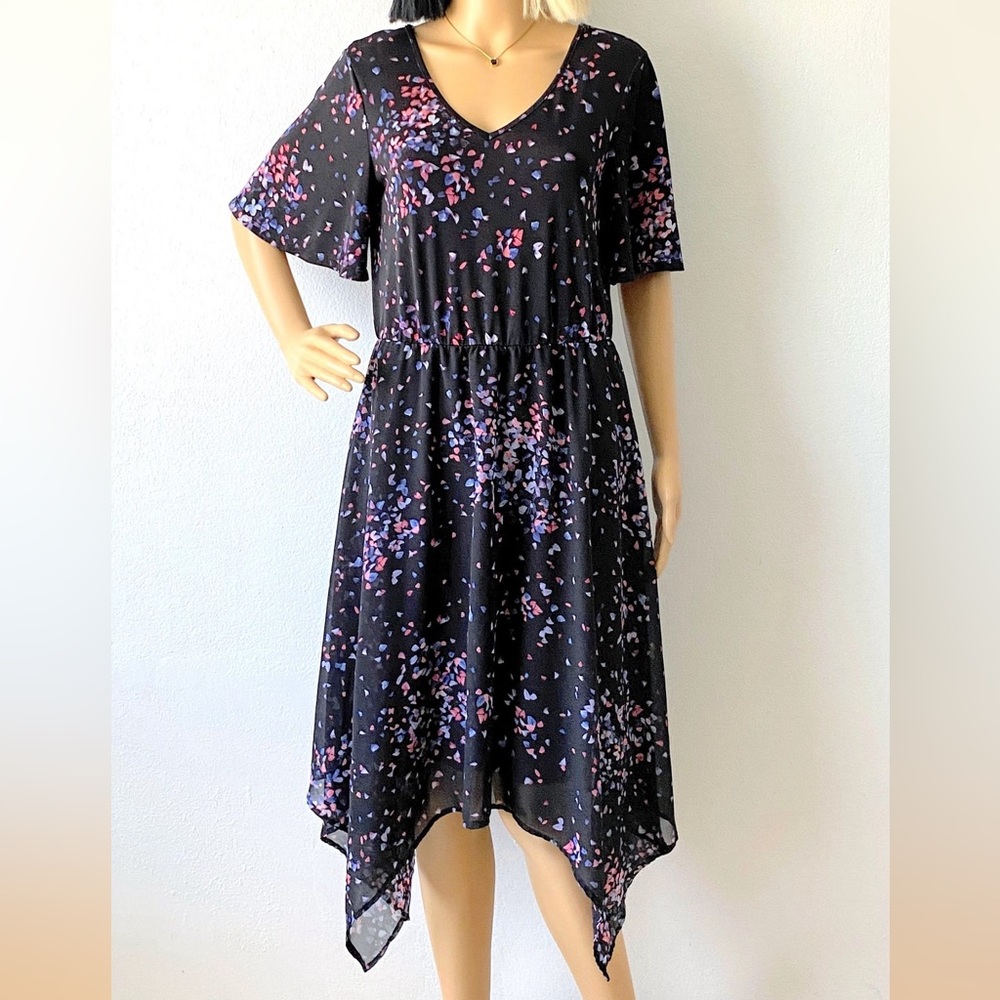 ELLE Abstract Polka Dot Asymmetrical Dress Women’s Size Small Black W/Pink &Blue